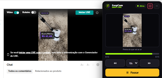 Painel do EasyCam ativo transmitindo um vídeo gravado como câmera, com o preço do produto sobreposto na imagem da live