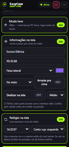 Painel de configuração das informações na tela e do relógio, com opções de formato, cor e posição