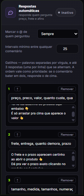 Lista de gatilhos das respostas automáticas, reconhecendo perguntas sobre preço, frete e tamanho