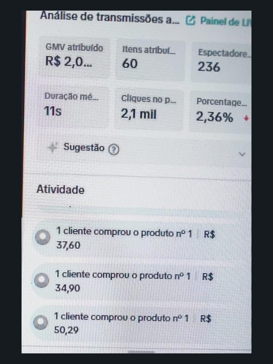 Painel de análise da live com 60 itens vendidos, 236 espectadores e 2,1 mil cliques no produto